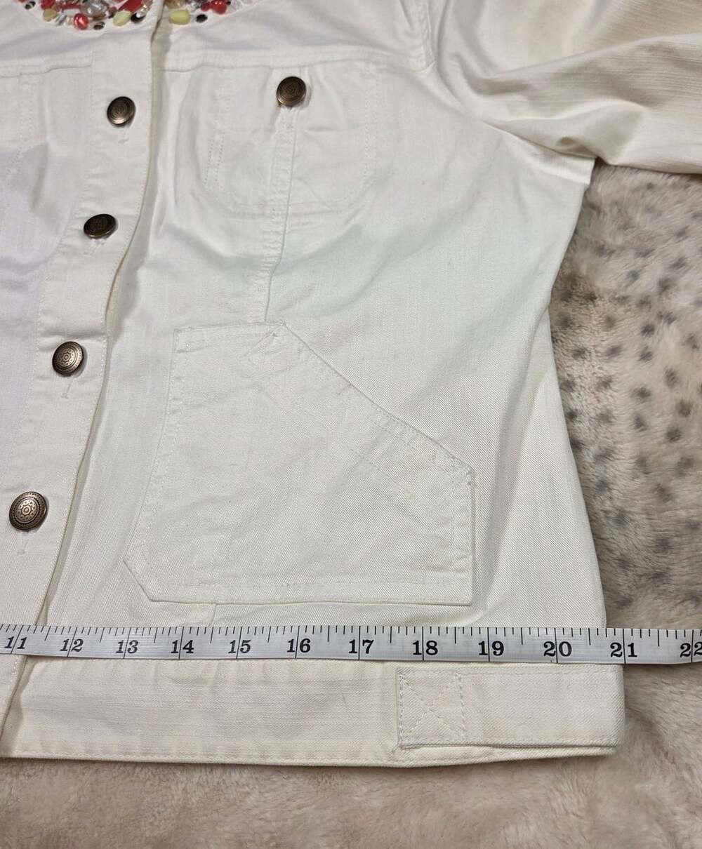 Hearts of Palm White Denim Beaded Collarless Cropped Jean Jacket Size 14 - Picture 6 of 8